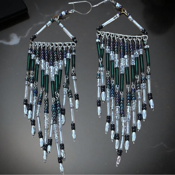 🆕 Boho Beaded Dangle Earrings | Lightweight Long Iridescent Silver Green Black - Picture 1 of 5